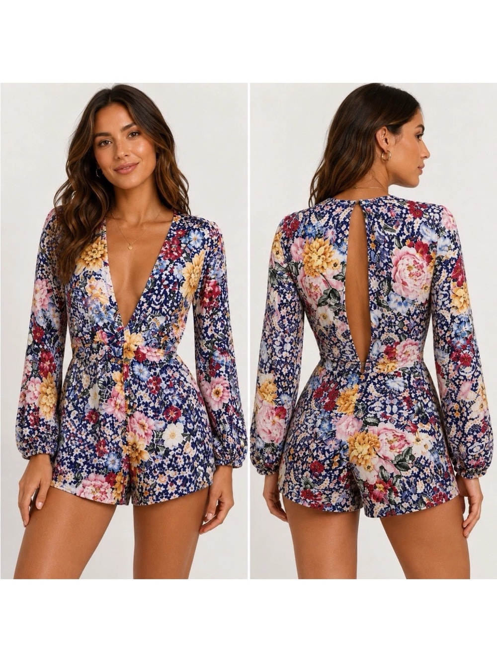 Whimsygoth Fairy Grunge Floral Romper Open Back Long Sleeve Festival XS